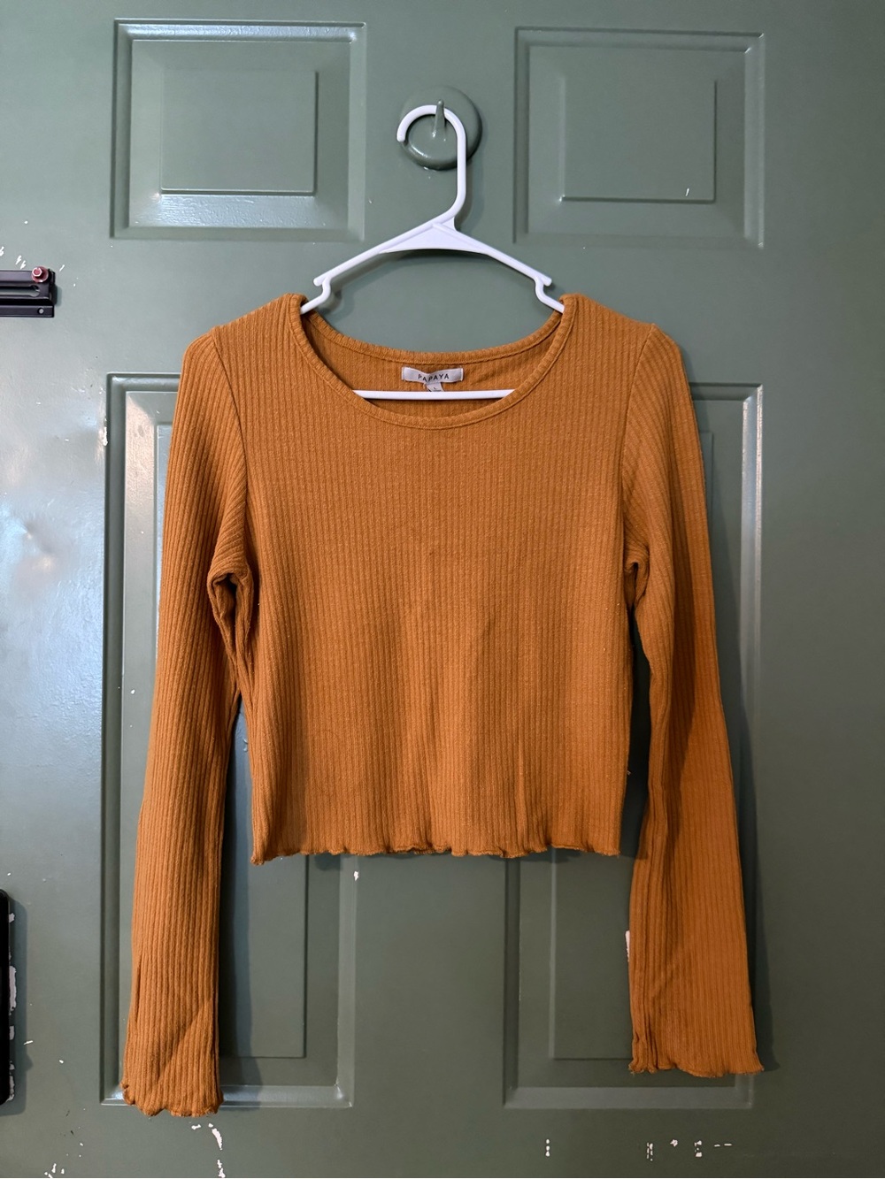 Papaya Mustard Ribbed Long Sleeve Crop Top